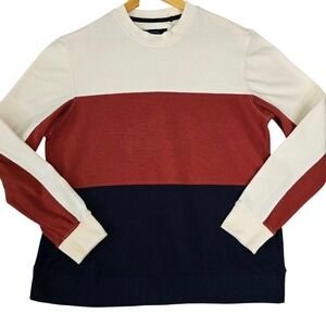 ODA Mens Large Colorblock Crewneck Top Cream Rust Blue Retro Vintage NWOT